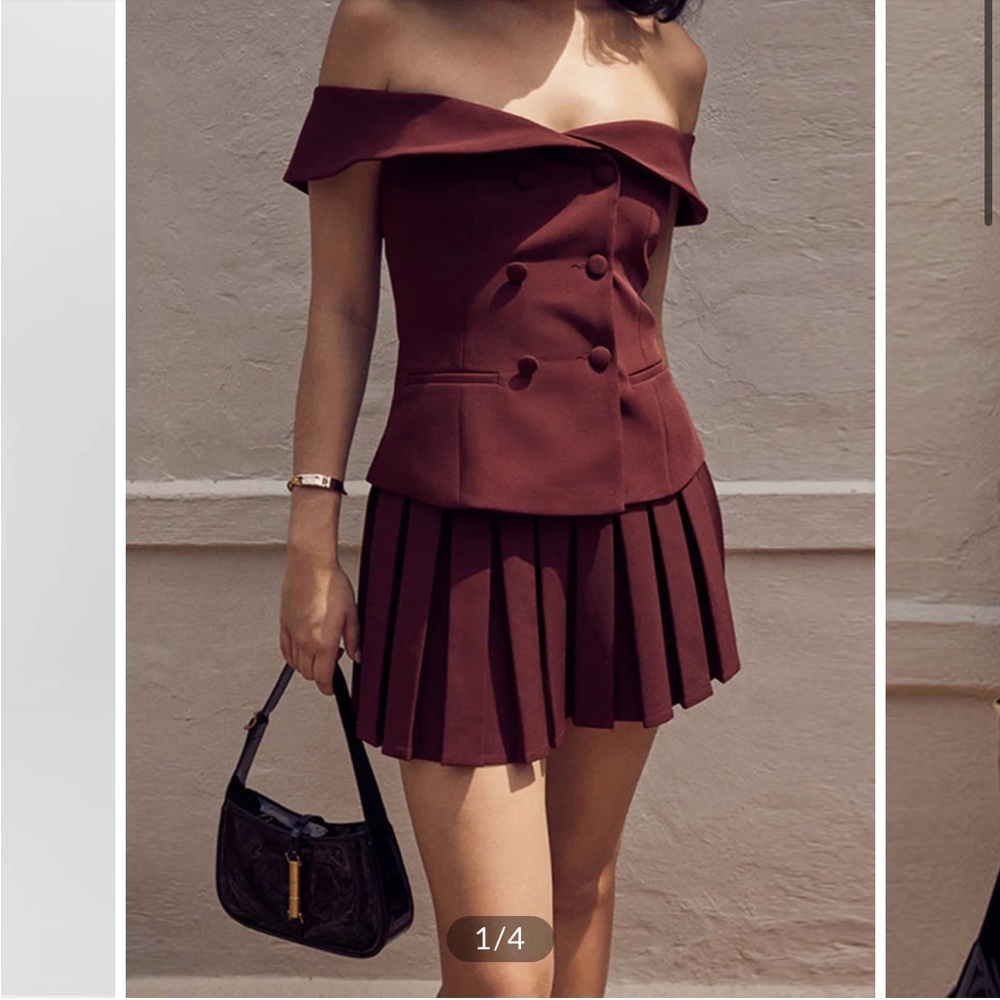 Cold Shoulder Blazer Top With Pleated Skirt Set